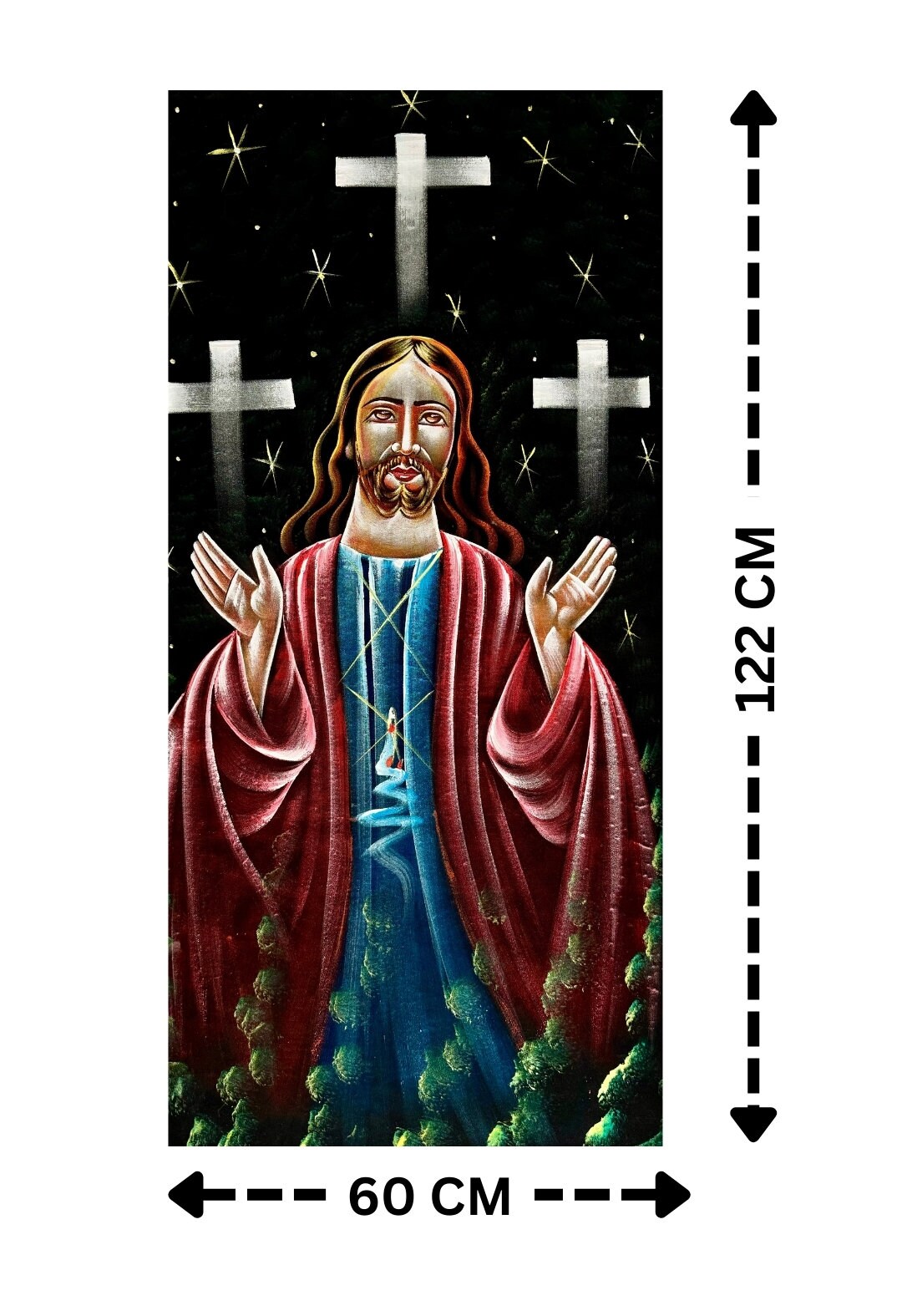Handmade Velvet Painting of Jesus Christ with Crosses - 60x122 cm | Fabric Painting | Big Wall Art | Home Decor