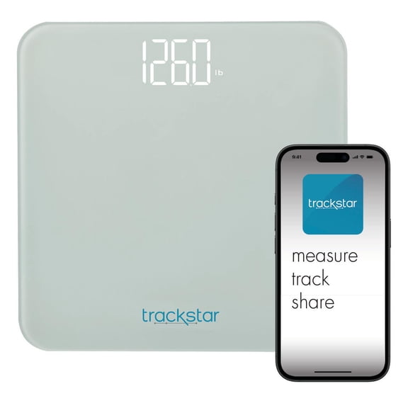 Trackstar Digital Weight Scale, Bluetooth, White, Measure, Track, and Share, 440 lb Capacity, Syncs to Trackstar App, Tempered-Glass Platform