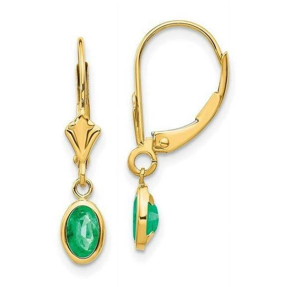 Primal Gold 14 Karat Yellow Gold 6x4mm Oval Bezel May Emerald Leverback Earrings