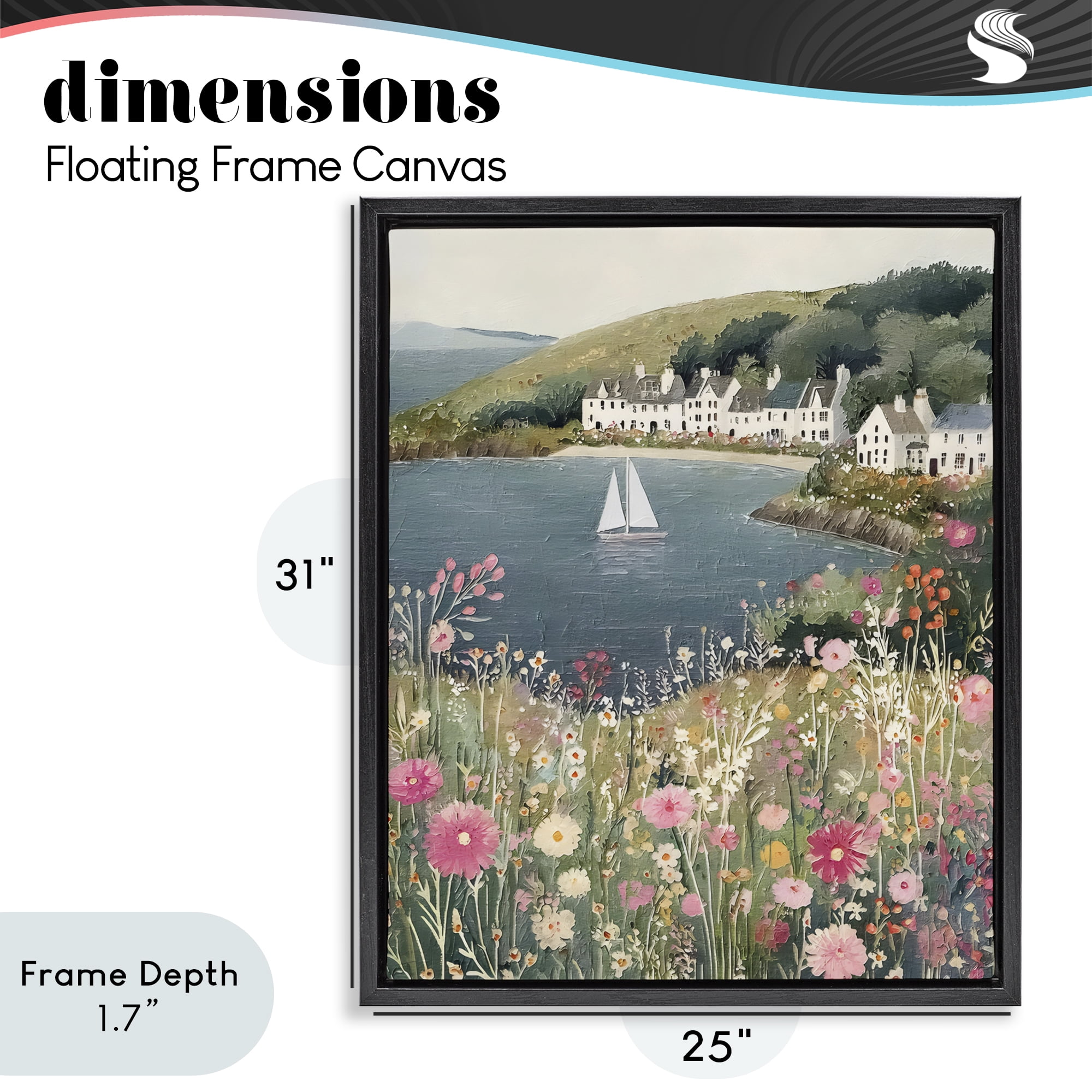 Stupell Industries Clifftop Meadow & Sailboat Black Framed Floater Canvas Wall Art, design by Riley B