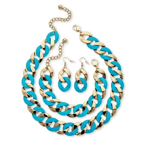 - 3 Piece Curb-Link Necklace Bracelet and Earrings Set in Aqua Enamel and Yellow Gold Tone