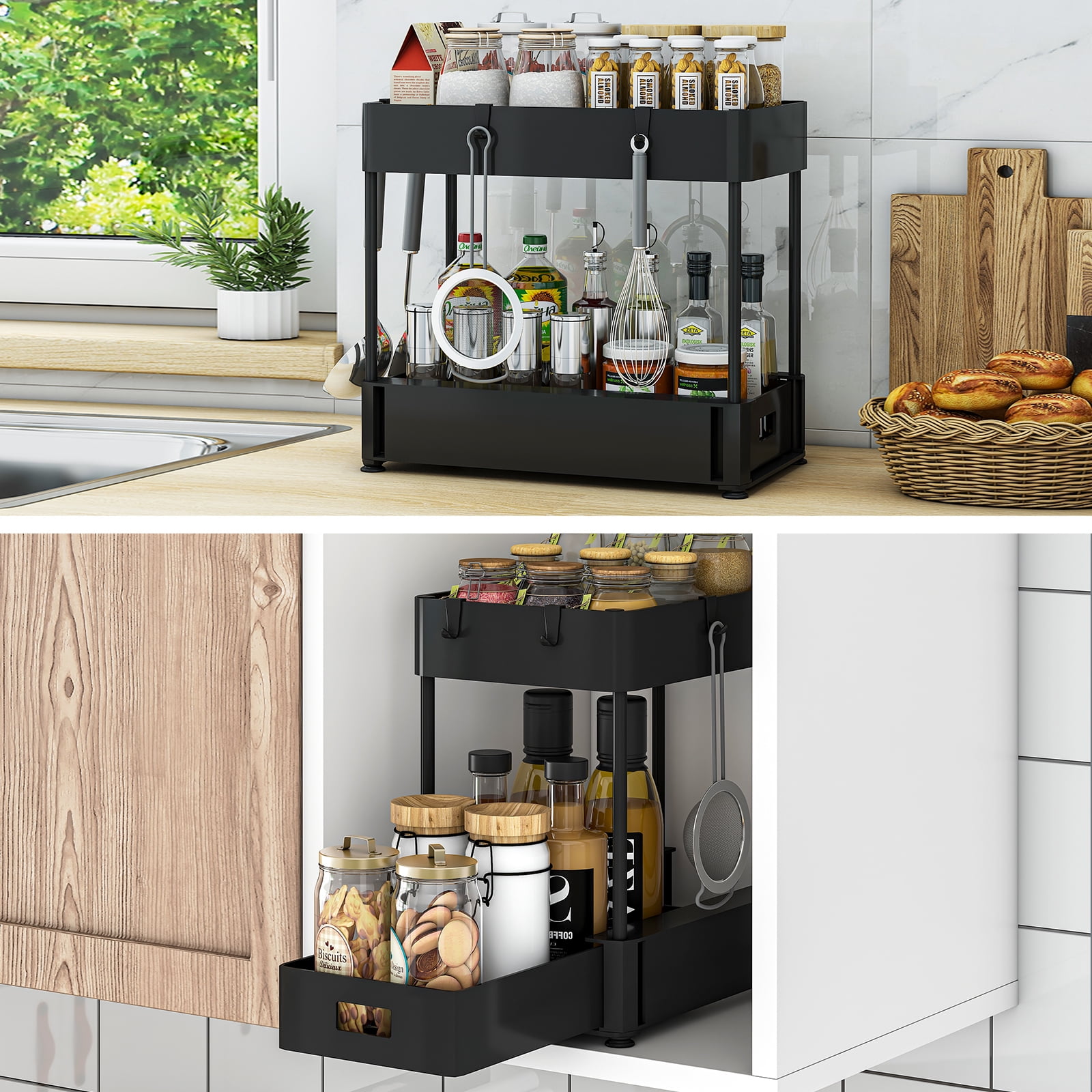 Wisdom Star 2-Pack Under Sink Organizer Set, Slide Out Locking Cabinet with Hooks, 15.75"*8.58"*13.18", Black