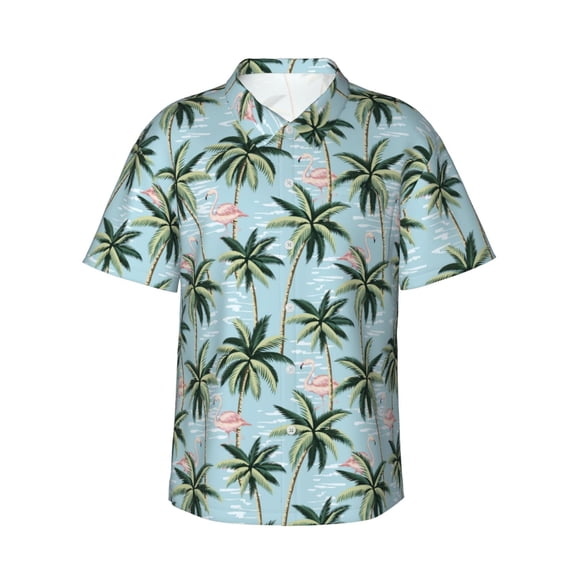 Gukieu Flamingos And Palms Print Men's Short-sleeved Shirts, Button-down Lapel Hawaiian Shirts, T-shirts, Beach Vacation Summer Casual Wear,Small