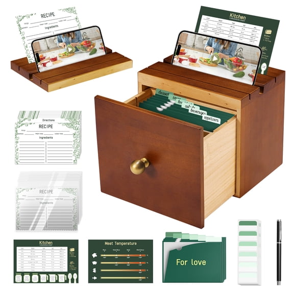 Recipe Box with Cards and Dividers, Wooden Recipe Box Set with 100 Recipe Card 4x6 with Protectors, Vintage Decorative Recipes Organizer