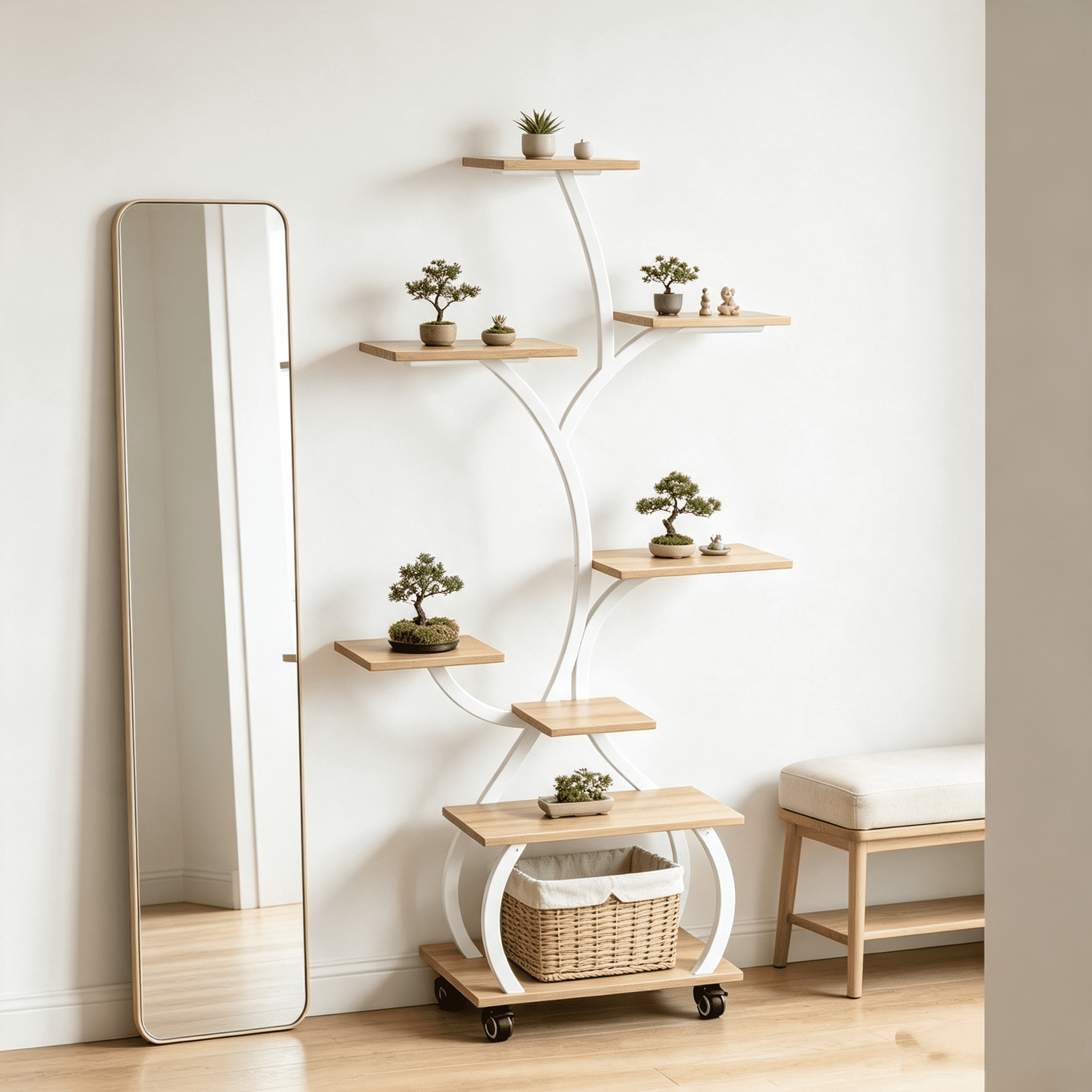 Tree Shaped Plant Stand with Full Spectrum Grow Light, White Metal Frame Plant Shelf with Lockable Wheels, 8-Tier Wooden Display Rack for Indoor Plants, 48x27.6x11.8 Inches
