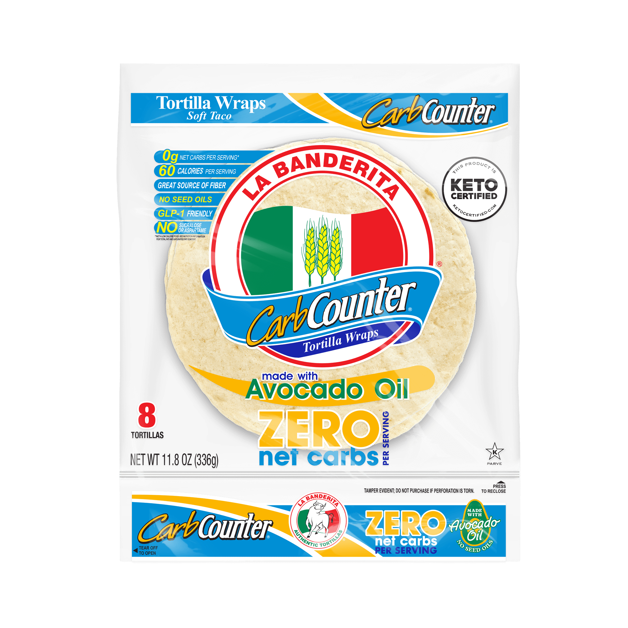 La Banderita Carb Counter Zero Net Carbs Soft Taco Flour Tortillas, 11.8 oz, 8 Count