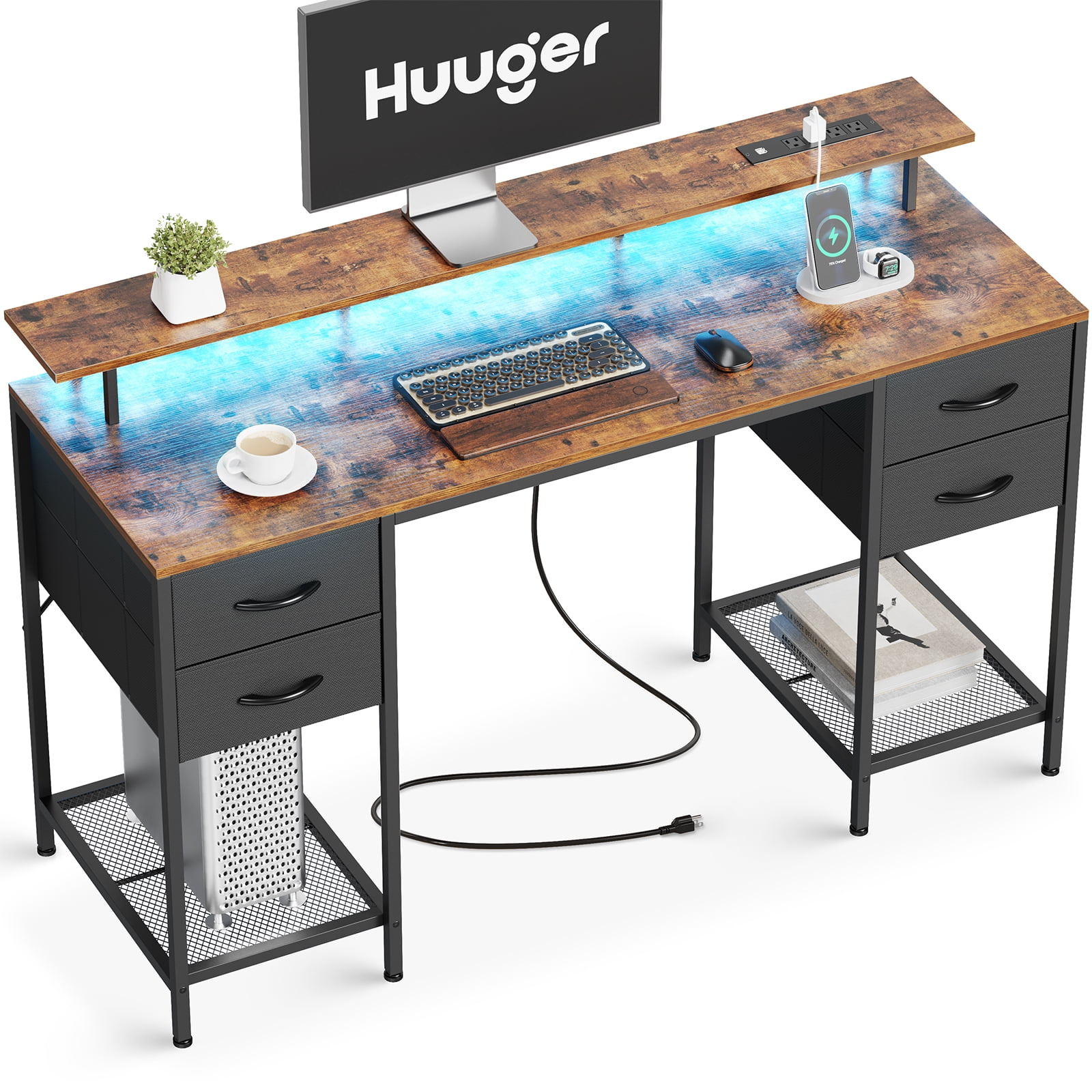 Huuger 55 inch Computer Desk with 4 Drawers, Gaming Desk with LED Lights &  Power Outlets, Home Office Desk with Large Storage Space for Bedroom, Work  from Home, Black 