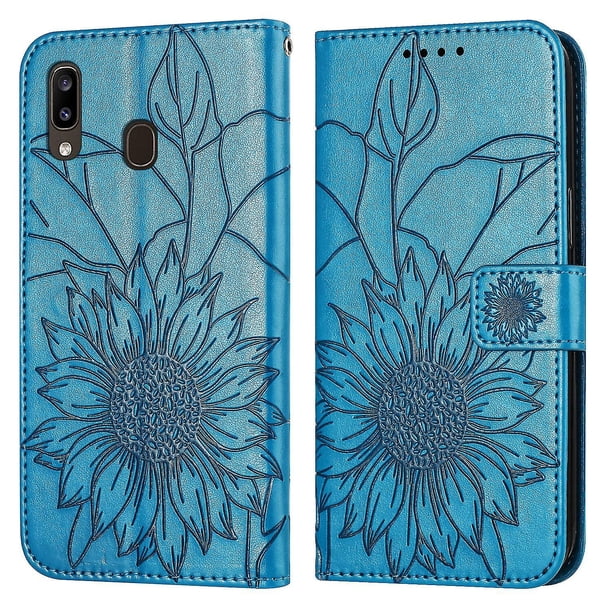 Funda tipo cartera con girasoles grabados para Samsung A40, elegante, multifuncional y con protección total.