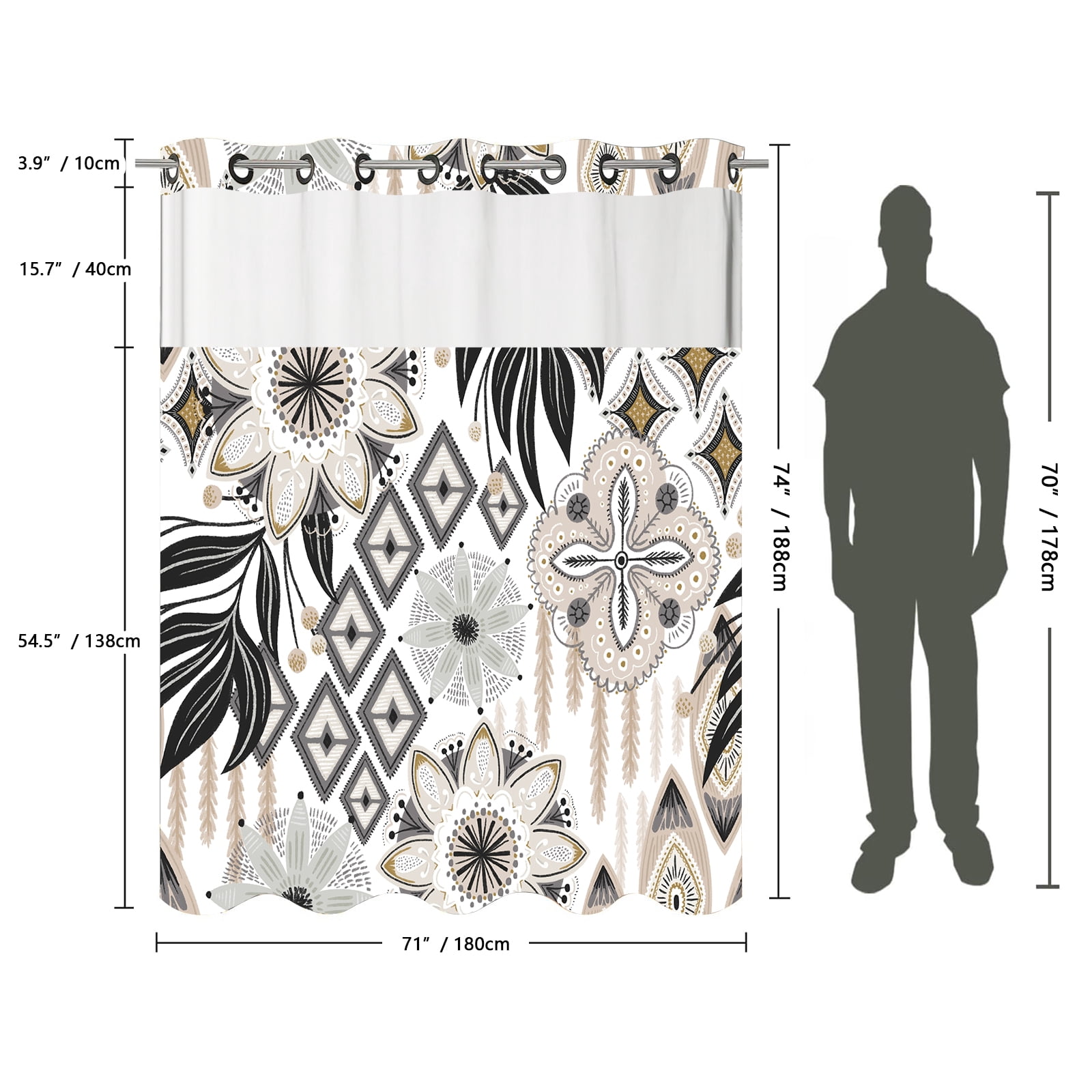 No Hook Farmhouse Floral Shower Curtain, Boho Abstract Colorful Leaves Shower Curtain with Snap Liner, Waterproof Curtain with Mesh Top Window Rustic Vintage Decor for Bathroom 71" X 74"