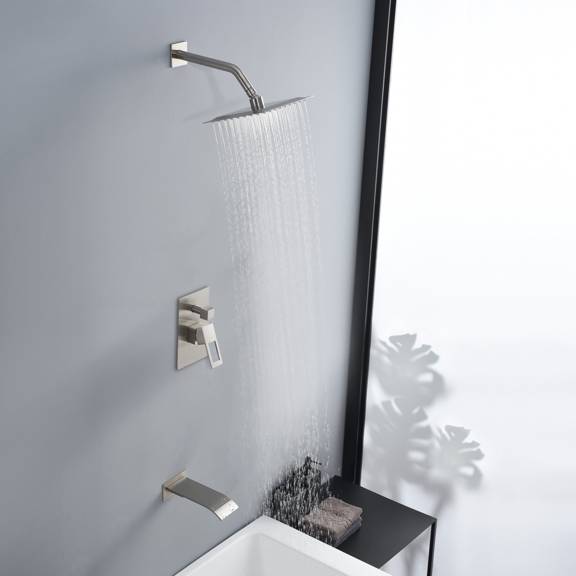 sumerain Tub and Shower Faucet Set with Anti-scalding Pressure Balance Valve, 8 Inch Shower Head and Waterfall Tub Spout, Brushed Nickel