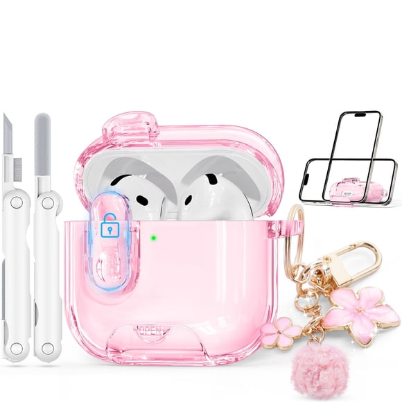 Funda transparente rosa de TPU con cierre de seguridad para AirPods 4 Skyconser