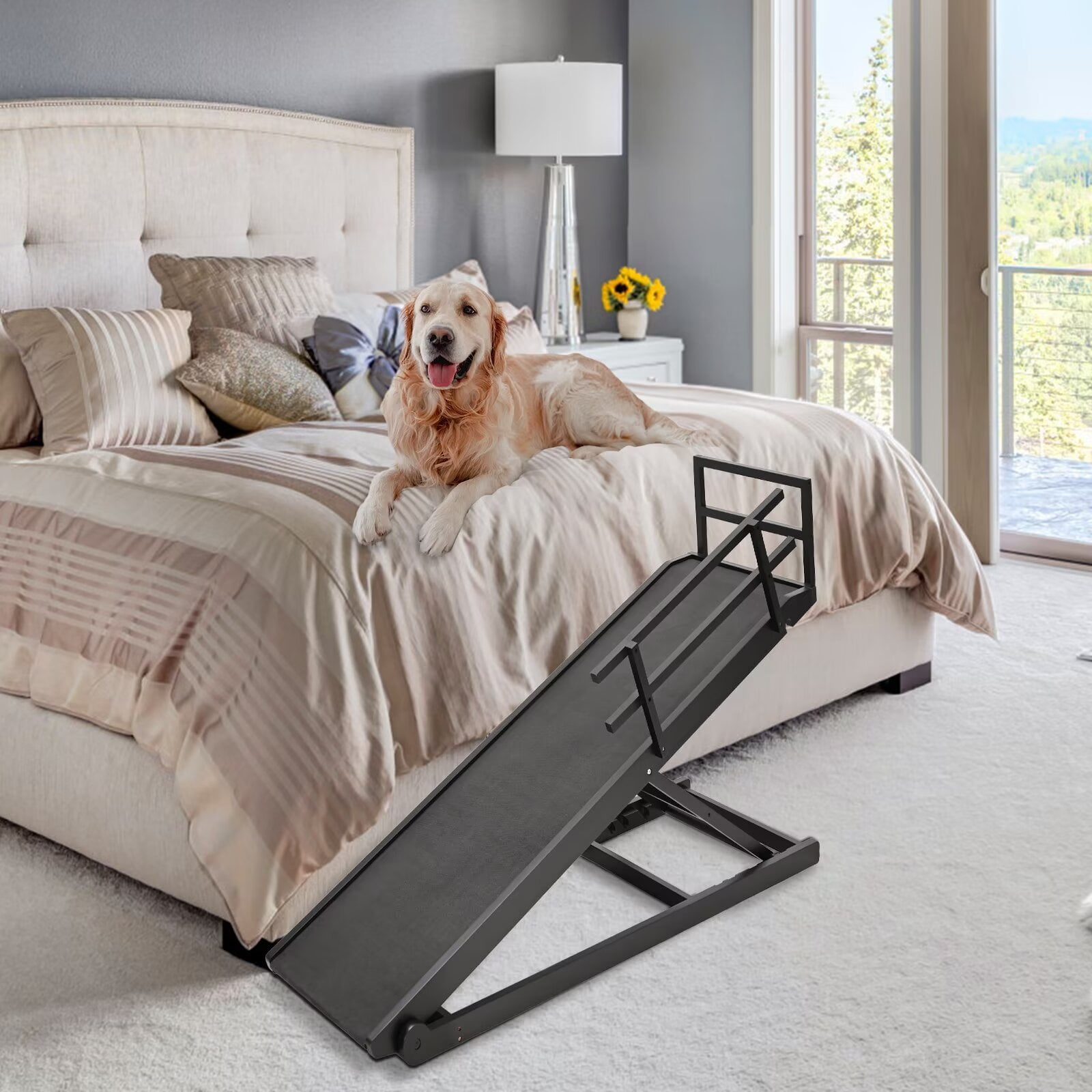 MOPHOTO Wood Dog Ramp Non-slip Rubber Mat High Traction Ramp 5 Level Adjustable Folding Pet Ramp for High Bed Great for Small & Old Dogs & Cat Supports up to 200 lbs 63 L x 18 W