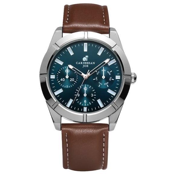 CARIBBEAN JOE Men's Analog Quartz Watch, Teal Sunray Dial, Silver-Tone 43mm Round Case, Brown Vegan Leather Strap, Decorative Subdials, Casual Dress Fashion Wrist Watch