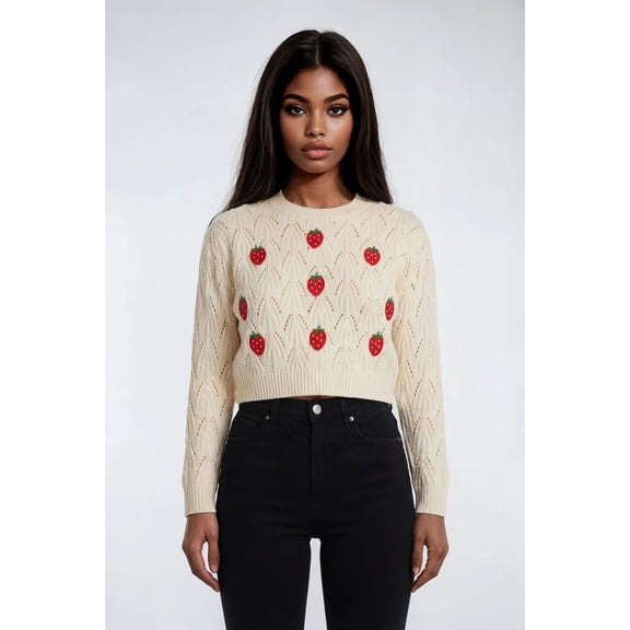 Forever 21 Embroidered Strawberry Cropped Pointelle Sweater, Color-Cream/Multi, Size-Xs