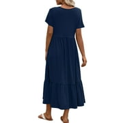 UVN Maxi Dresses for Women Summer Short Sleeve Casual Crewneck Long Dress with Pockets