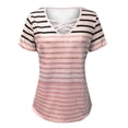 thumbnail image 4 of Karymi Summer Tops Striped Short Sleeve T‑Shirt, Crisscross Cutout V‑Neck Casual Tee Top, Hollow‑Out Neckline Casual Basic Top, Versatile for Daily Outings Womens Blouses, 4 of 5