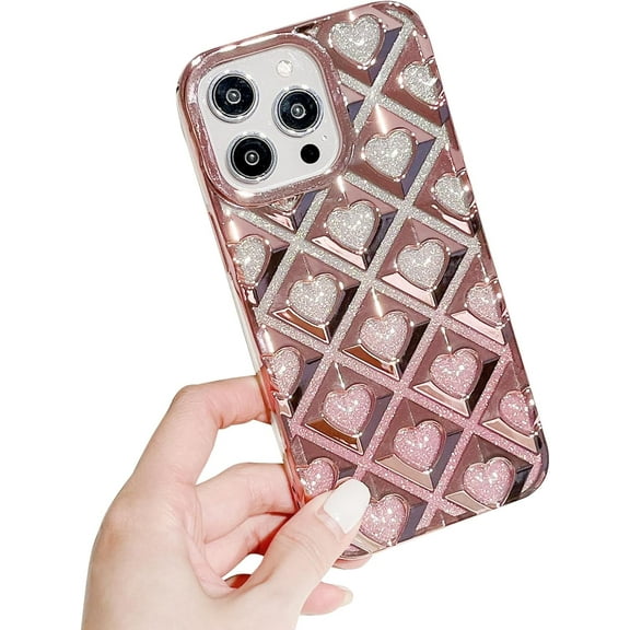 Chrome Case for Women/Girls, Sparkling Classic Plaid Hearts Creative Phone Case Compatible with iPhone 12, Pink