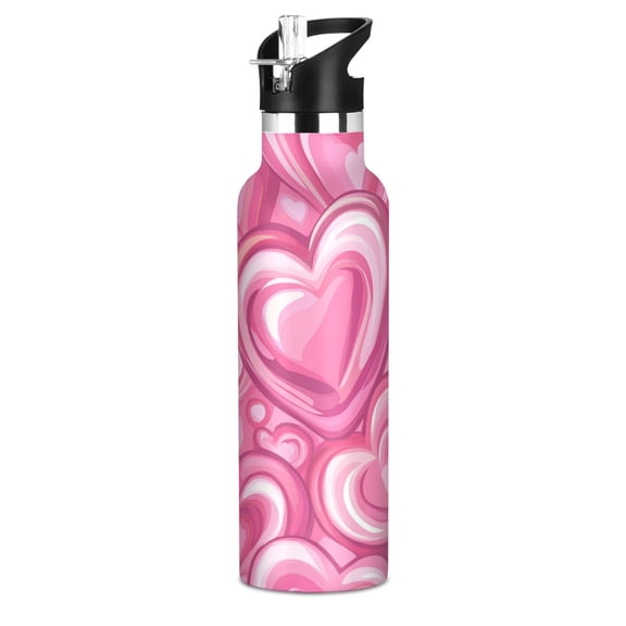 Kids Insulated Stainless Steel Sports Water Bottle 600ml (20oz), BPA-Free Pattern with Pink Hearts