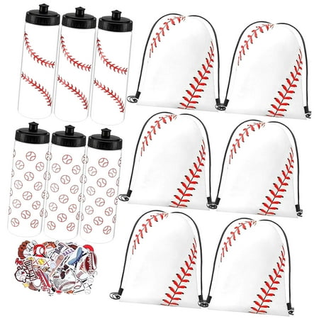 GZHJMY 24 Piece 20 Oz Baseball Bulk with Drawstring Bag and 50 Sticker Set, Baseball Squeeze Sports Bottle for Gym, Cycling, and Party Supplies