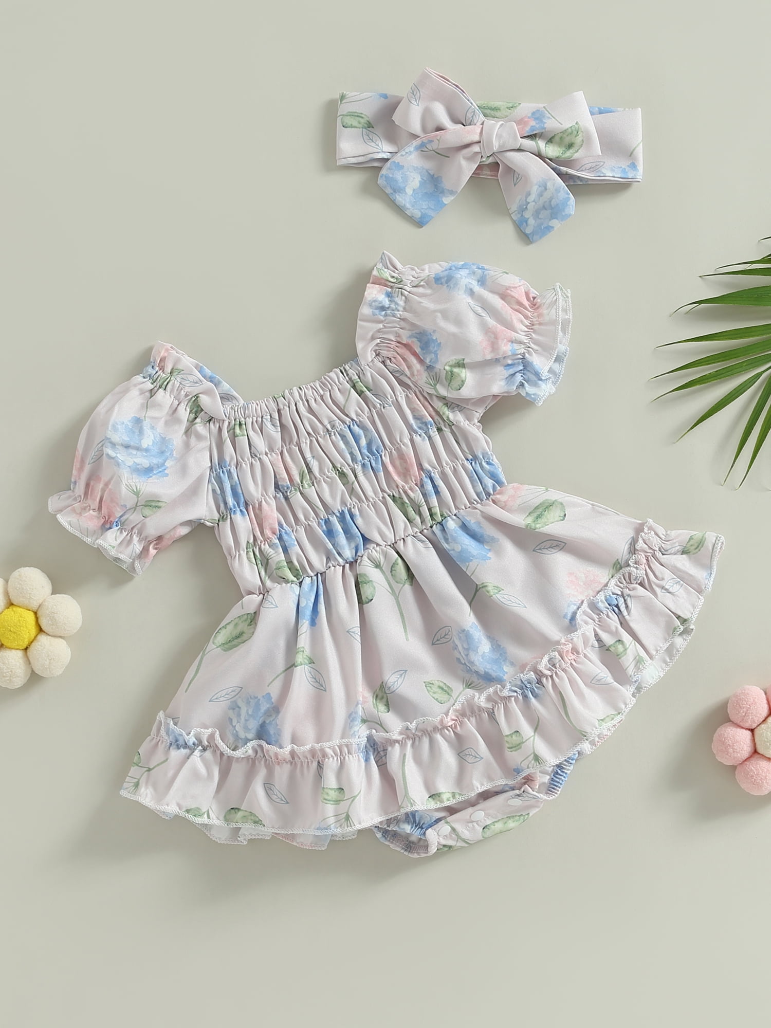 Baby Girl Puff-sleeve Floral Textured Bowknot Romper