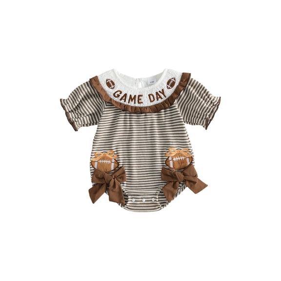 Cenuakty Girl Summer Romper Football Embroidery Short Sleeve Striped Jumpsuit