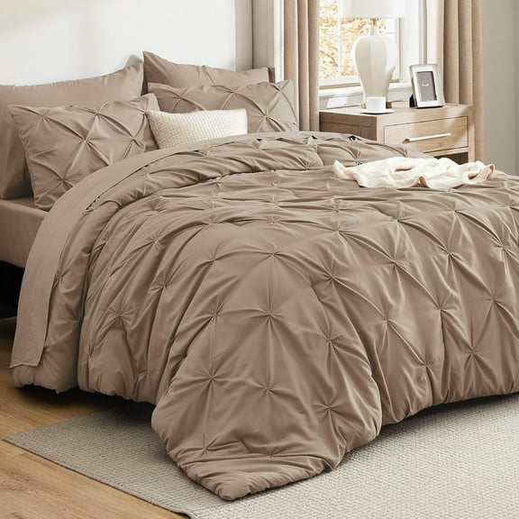 Queen Comforter Set Khaki - Bed in a Bag Queen Size 7 Pieces, GentleSoft™ Pintuck Bed Set Gift for Family, Pinch Pleat Khaki Comforter with Sheets, Pillowcases & Shams