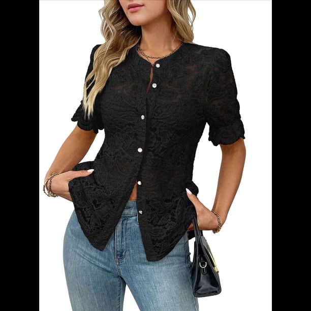 Camisa Informal de Encaje con Mangas Abullonadas y Cuello Redondo con Ojales para Mujer, Color Negro, Talla XL