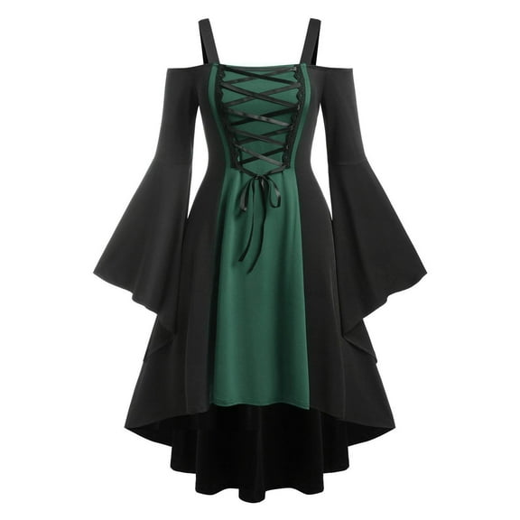 Fesfesfes Clearance Women Dress Gothic Vintage Color Block Stitching Dress Retro Dark Off-the-shoulder Slip Midi Dress