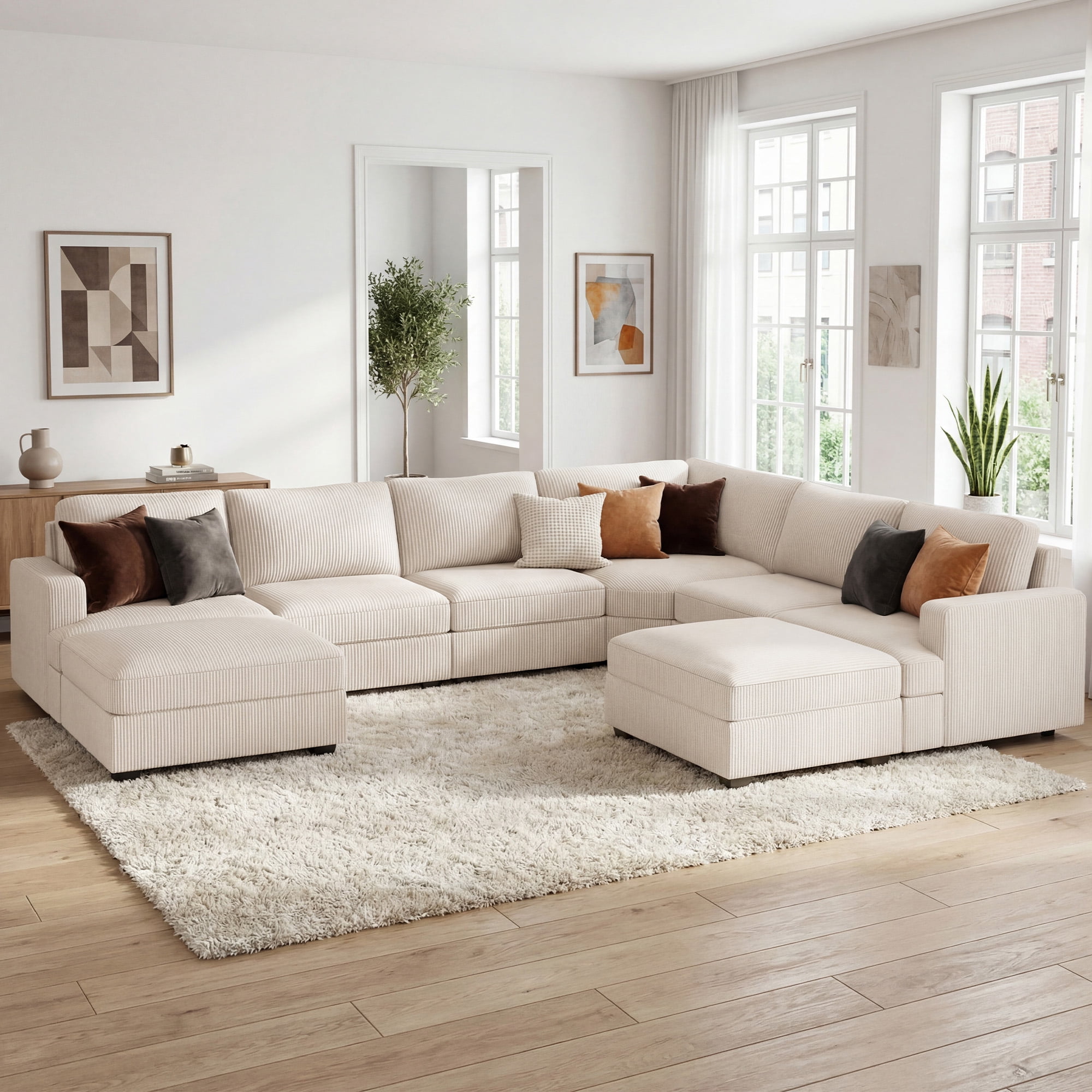 HONBAY 128.1" Modular Sectional Sleeper Sofa Bed Couch Corduroy U Shape with Storage Ottomans for Living Room, Beige