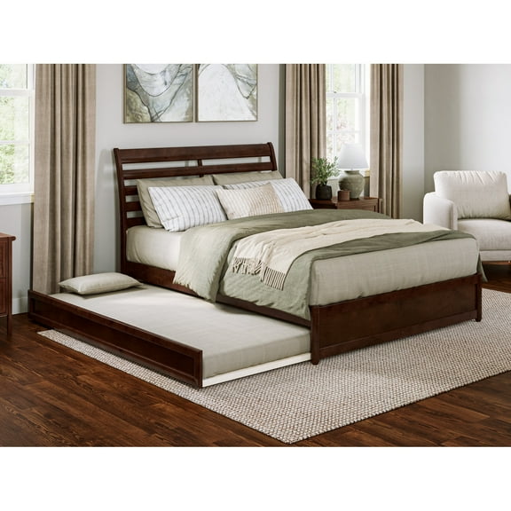 Emelie Queen Wood Platform Bed with Panel Footboard & Twin XL Trundle in Walnut