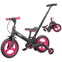 JMMD Toddler Bike with Push Handle for 18-60 Months Kids, 6-in-1 Foldable Balance Bike with Training Wheels, Pedals, Kids Bike for Boy & Girl, Rosered