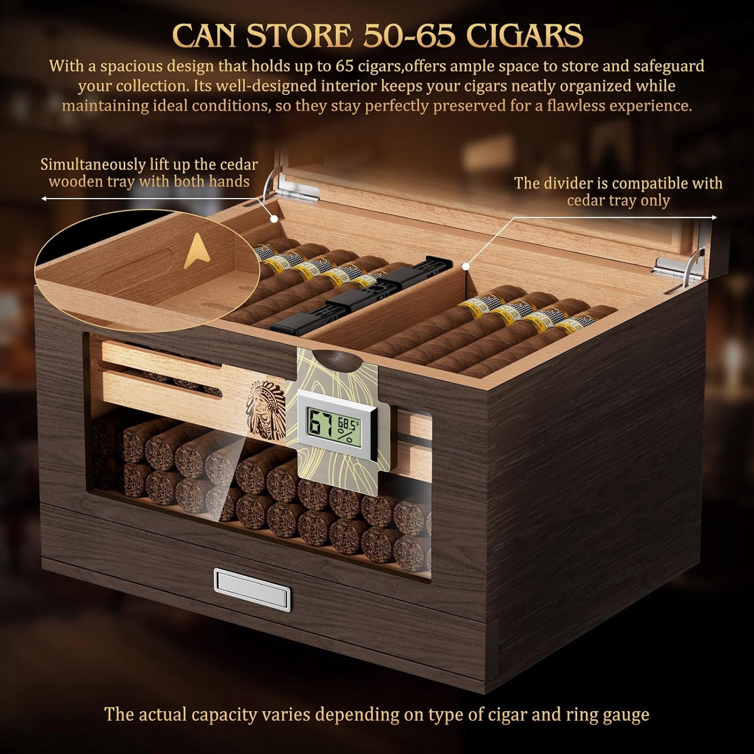 Large Cedar Wood Cigar Humidor Box with Digital Hygrometers and Travel Tubes