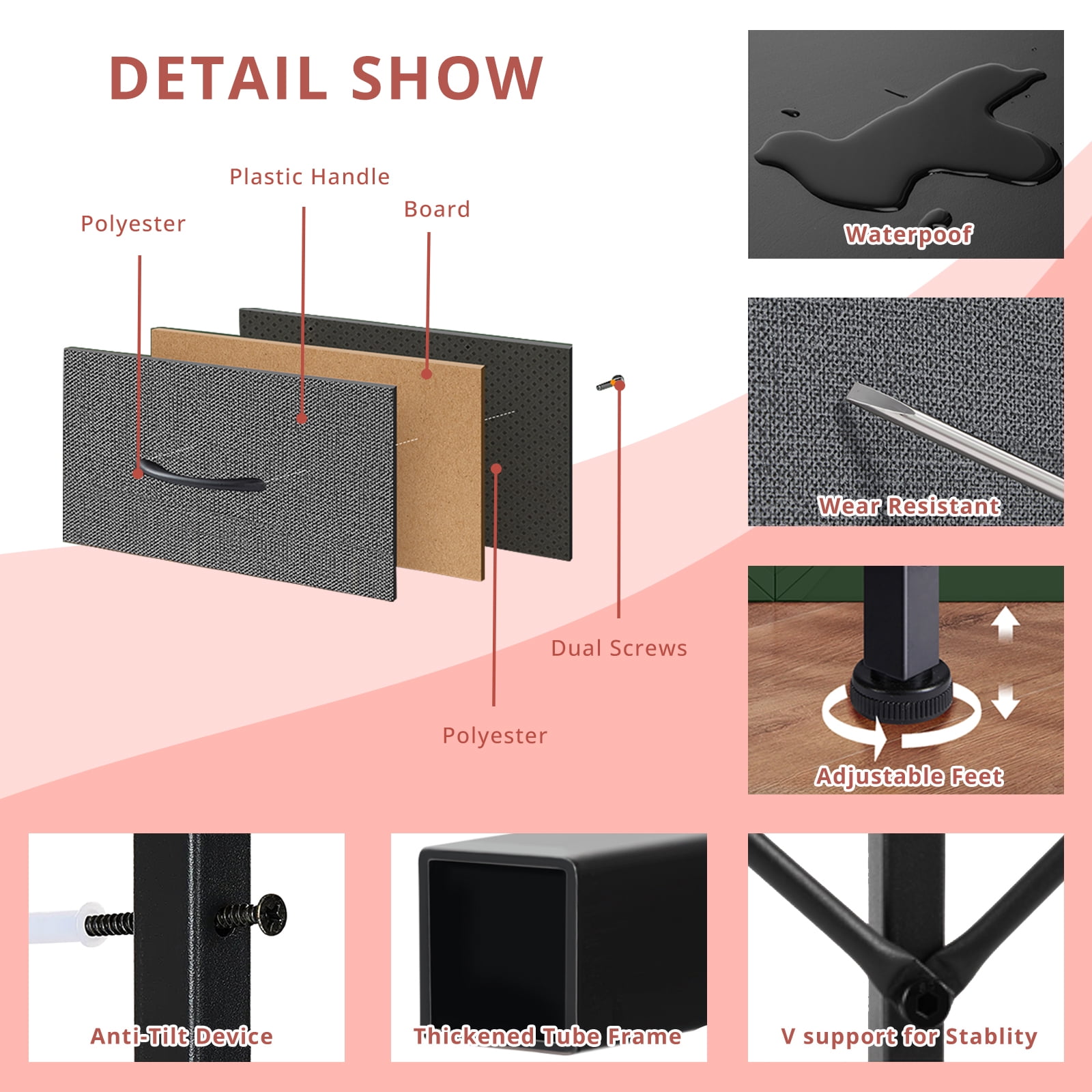 TV Stand, Gray Dresser TV Stand for Bedroom, Entertainment Center for 45 Inch TV with Drawers, Fabric, Adjustable Feet, Living Room