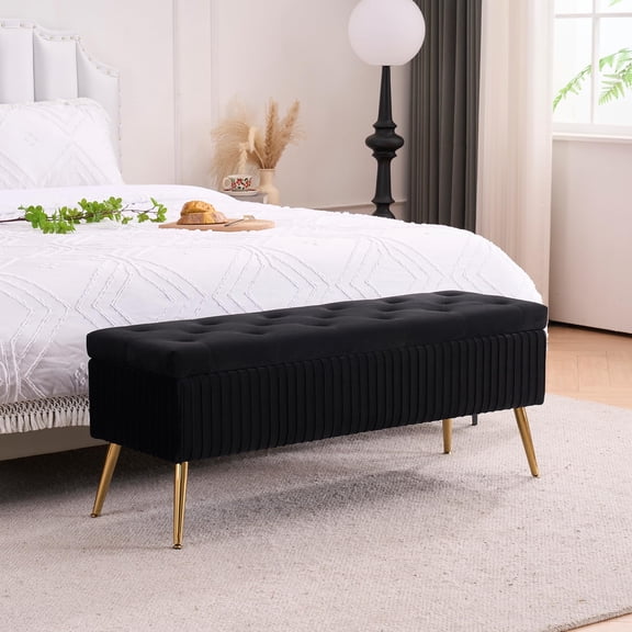 Velvet Storage for Bedroom, Upholstered End of Bed Modern Tufted Ottoman with Gold Legs for Living Room/Window/Entryway (Black, Rectangle-45.5" W)