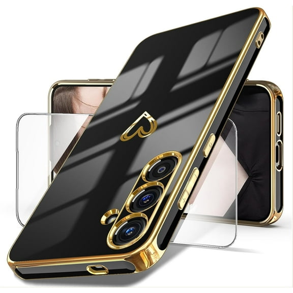 for Samsung Galaxy S24 5G Case with Tempered Glass Screen Protector, Women Girl Cute Girly Love-Heart Luxury Gold Soft Camera Protection Bumper Shockproof Phone Case for Galaxy S24 (Black)
