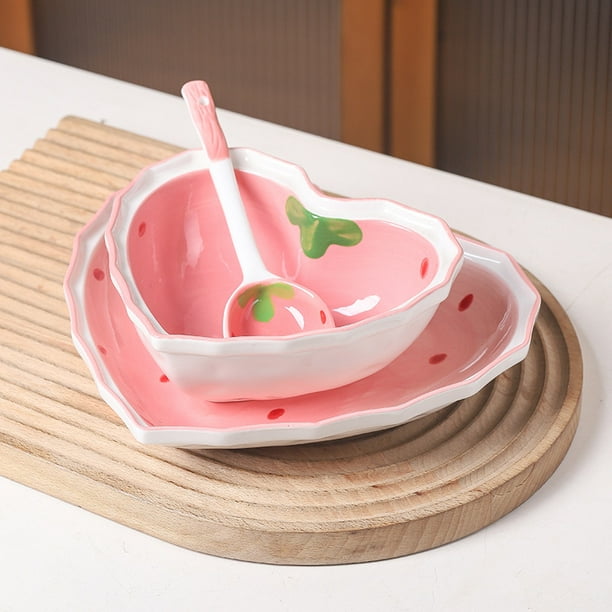 Juego de cuchara y plato con forma de cuenco de fresa Cuenco favorito de las niñas Ensaladera Postre Utensilios para el hogar