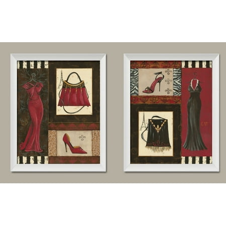 - Fashion Collage; Purse, Shoe, & Dress Retro Prints; Two 11x14 White Framed Prints. Red/Black/Brown