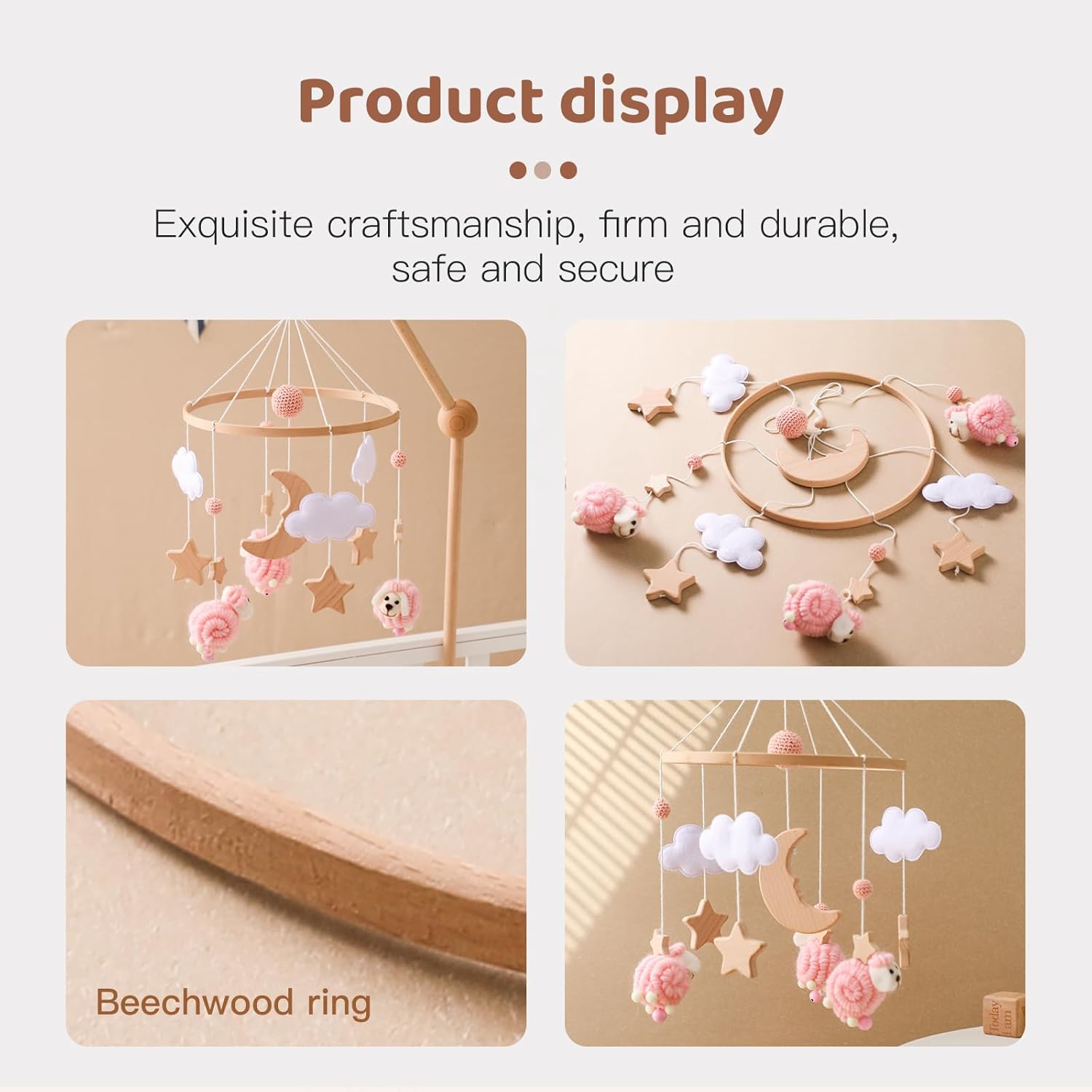 Wooden Baby Crib Mobile – Montessori-Inspired Nursery Decor with Soft Neutral Tones, Handcrafted Hanging Toy for Newborns 0-6 Months, Calming Visual & Sound Stimulation Gift​
