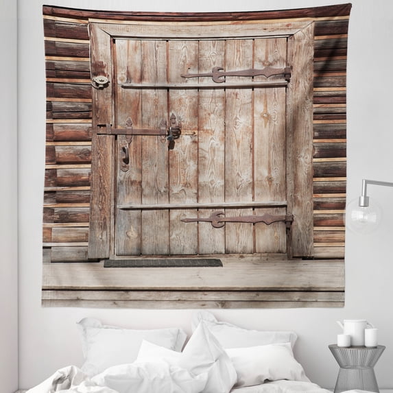 Rustic Tapestry, Timber Rustic Door in Wall of an Old Log House Abandoned Building Entrance Gate, Fabric Wall Hanging Decor for Bedroom Living Room Dorm, 5 Sizes, Brown, by Ambesonne