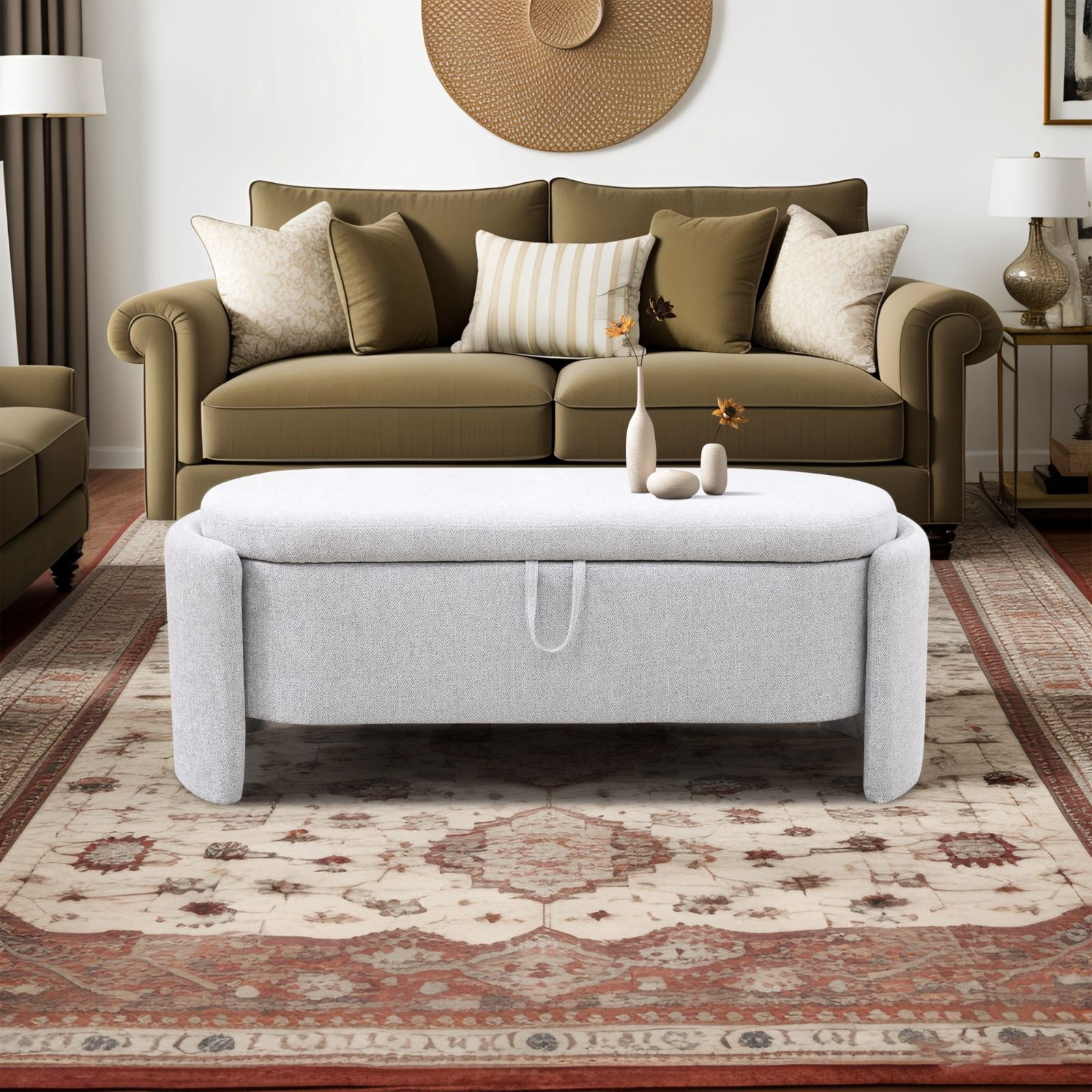 Storage Bench Modern Upholstered Ottoman Bench Window Entryway Bench for Bedroom, Living Room, Light Grey