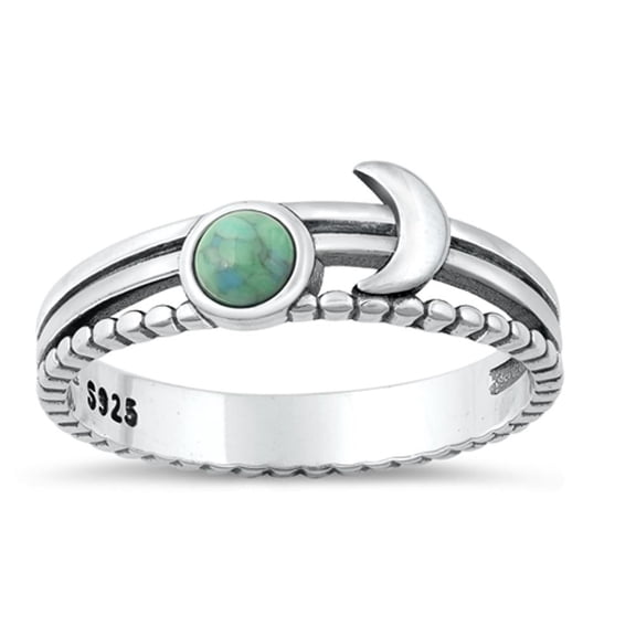 Simulated Turquoise Mid Modern Promise Moon Ring .925 Sterling Silver Band Blue CZ Female Size 7