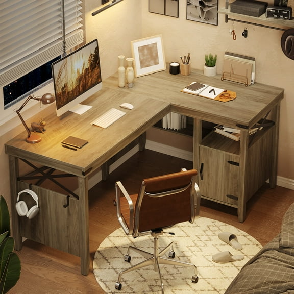 Bestier Farmhouse L-Shaped Computer Desk 60" Home Office Desk with Cabinet, Wash Gray