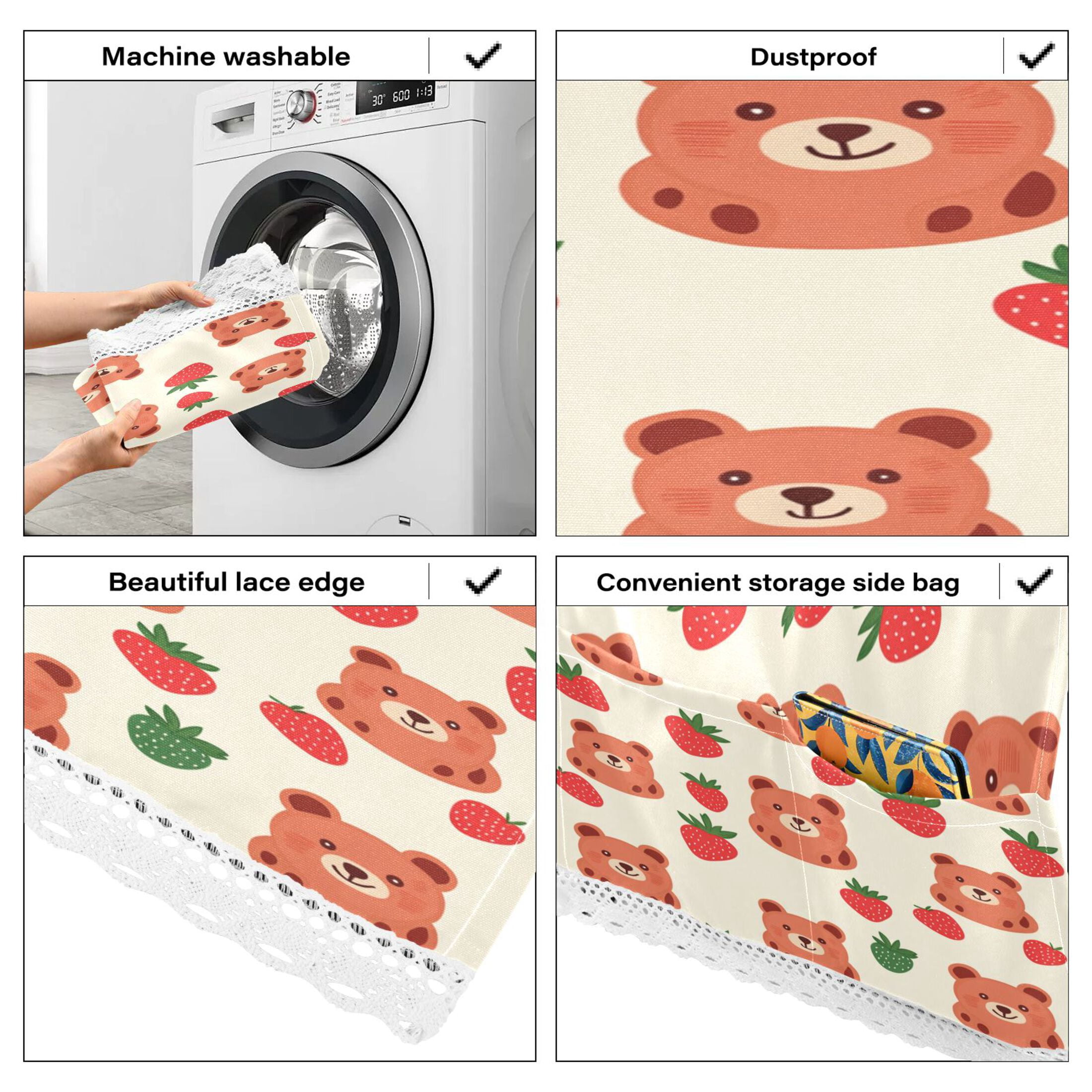Strawberry BearWasher and Dryer Covers Dust-Proof and Oil Resistant Fridge Cover with 4 Storage Pockets Washing Machine Top Cover for Laundry Kitchen Home 51.2 x 22 In