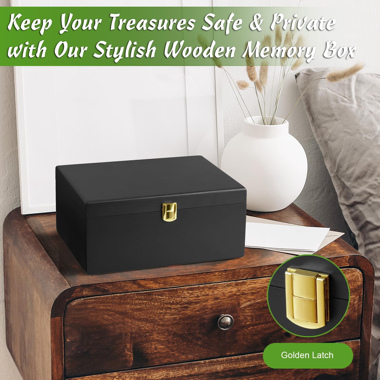 Large Wooden Keepsake Box  Black Memory Decorative Storage With Hinged Lid Card