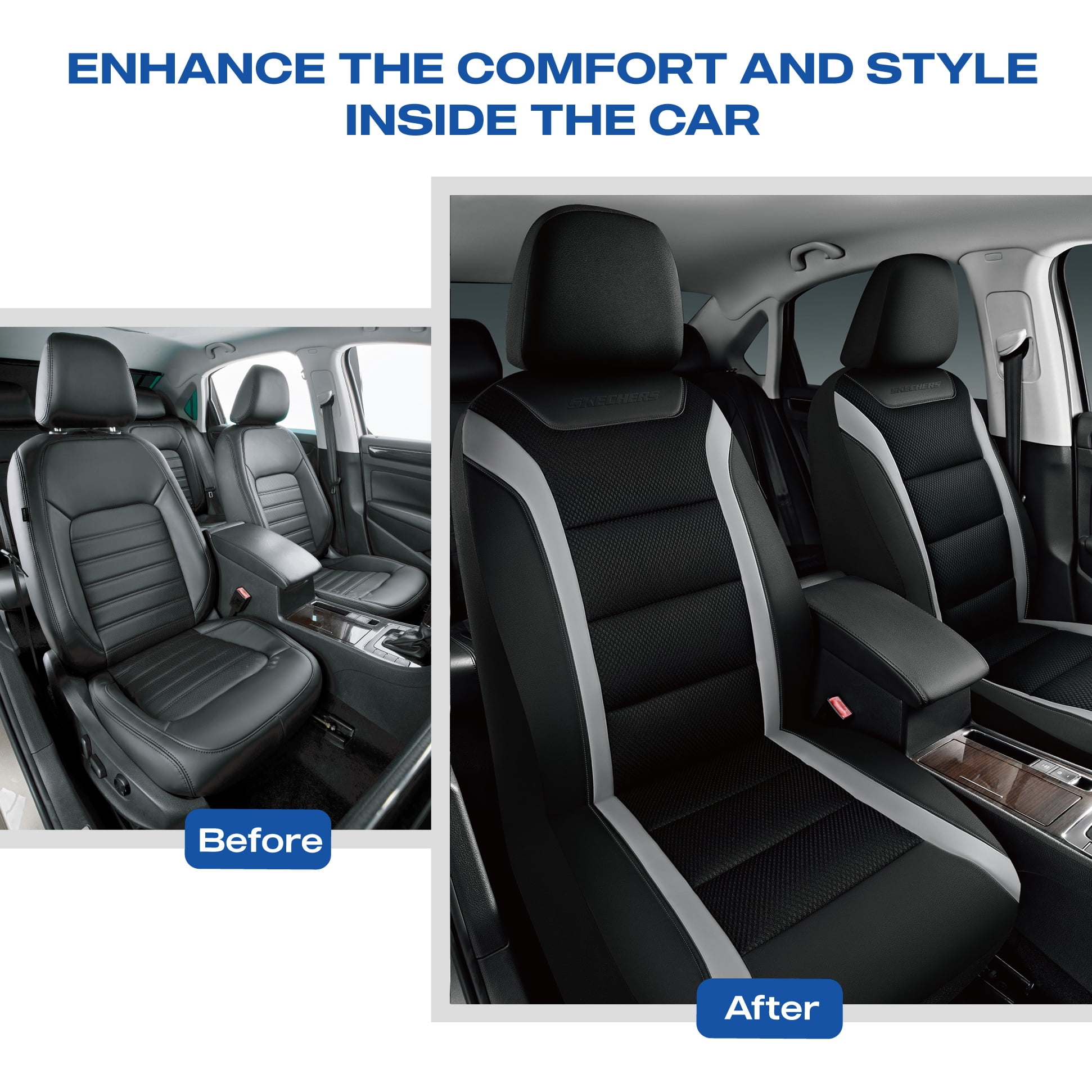 Skechers Leather Mesh Front Car Seat Cover – Premium Comfort with Breathable Mesh Panels, Durable Leather Construction, Universal Fit for Cars, Trucks, and SUVs - Gray