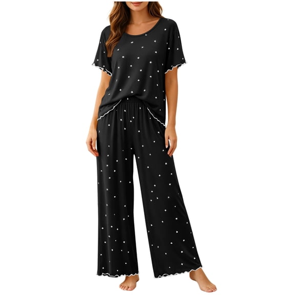 Fengactive Womens Star Print Lounge Set Scalloped Trim Short Sleeve Top and Wide Leg Pants Sleepwear