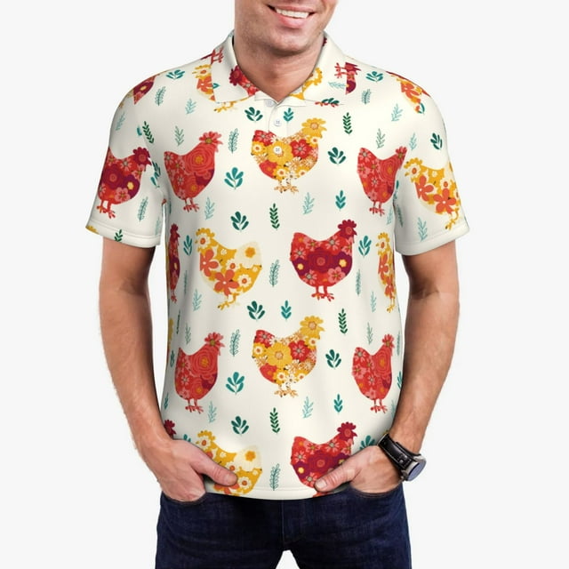 Balery Flower Chicken Camisa Polo de Hombre con Estampado, de Manga Corta y Tejido Medio, Camisa Tipo Golf Polo-Small