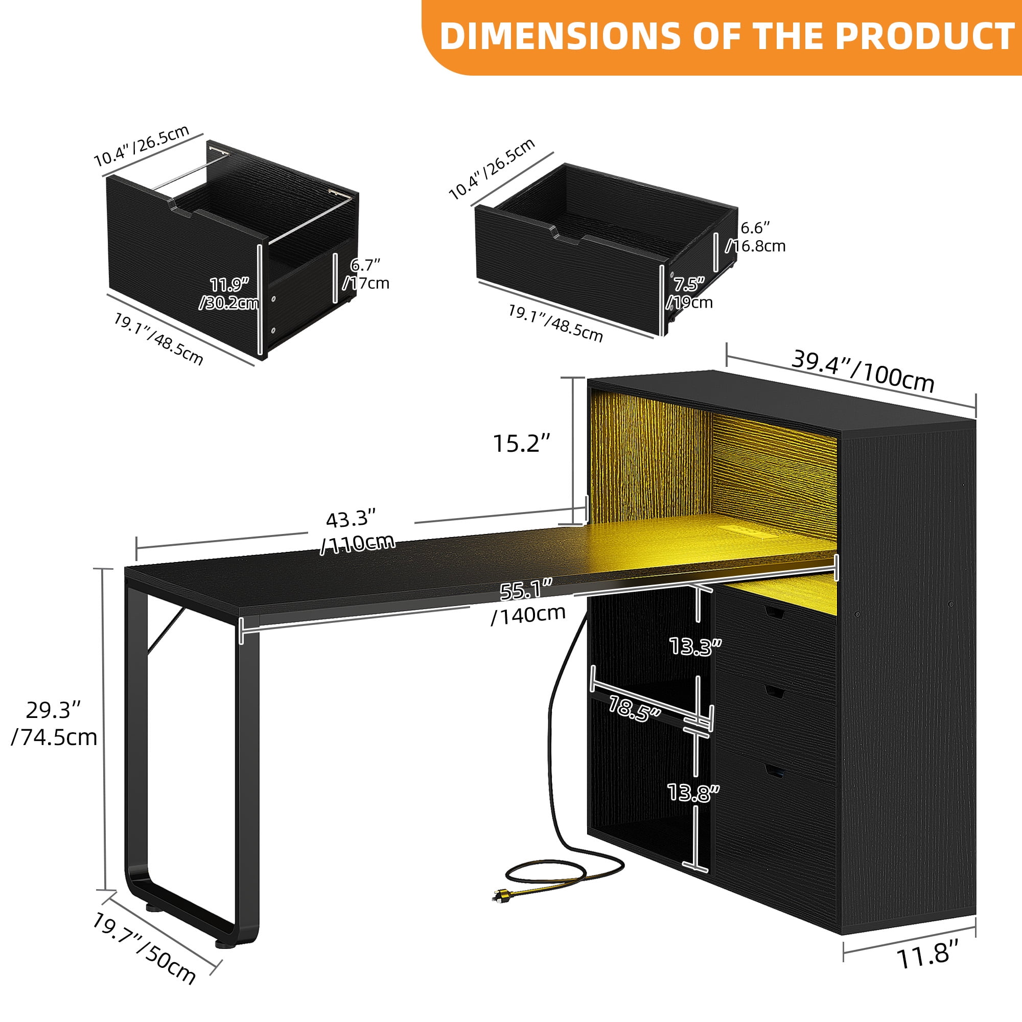 Craftian L Shaped Desk with Power Outlets & LED Lights, Computer Desk with 3 Drawers and 3 Storage Shelves, White Office Desk Corner Desk for Home Office, Black