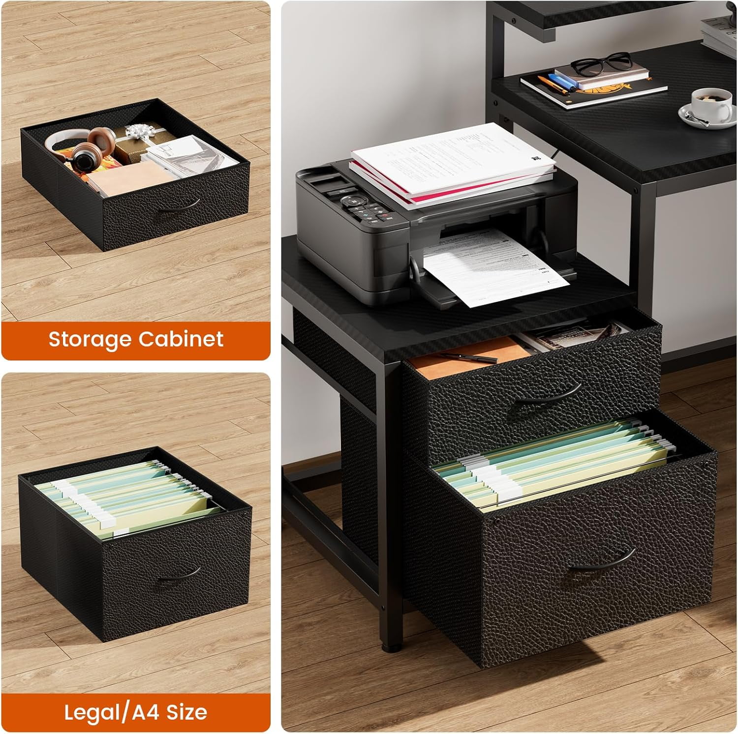 REAHOME 70 Inch L Shaped Desk with File Drawers and Reversible Storage Shelves, Computer Desk with Power Outlet & LED Strip, Home Office Desks, Writing Study Desk for Bedroom, Carbon Fiber Black