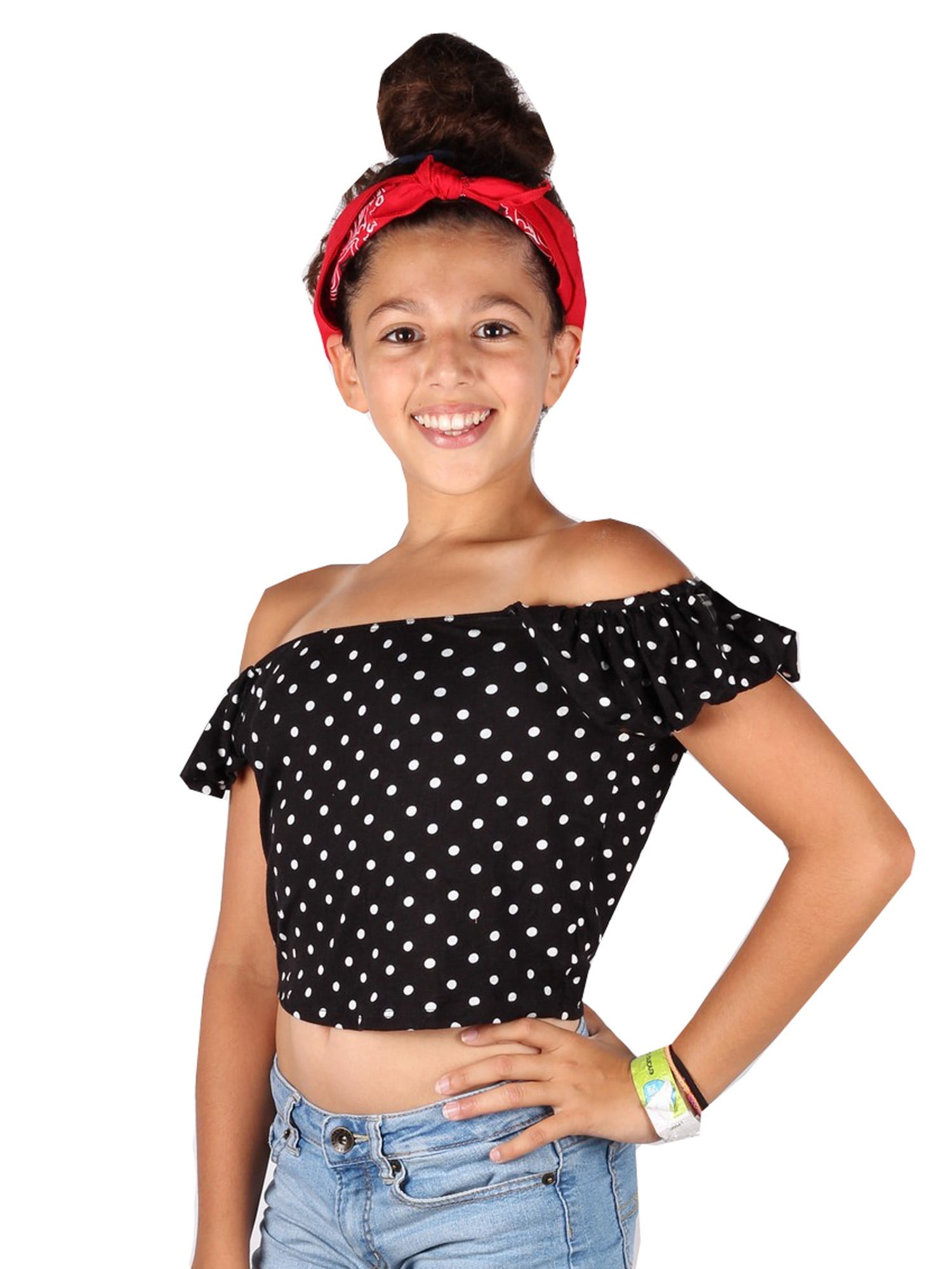 black and white polka dot off the shoulder top